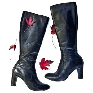 Aquatalia Tall Black Leather Heeled Boots — Made in Italy / Waterproof Elegance